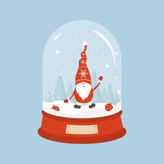 Glass snow globe with christmas gnome. New Year decorative ball with winter landscape. Holiday snowball with snowflakes isolated on blue background. Vector illustration in flat cartoon style.