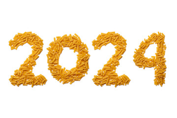 Calendar header number 2024 made of pasta on a white background. Happy New Year 2024 colorful background.