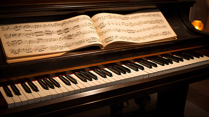 piano keys, music sheet on top of the piano