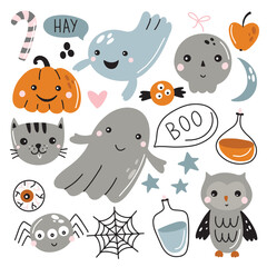 Set with cute Halloween elements, ghosts, pumpkin, spider, moon. Vector illustration for your design