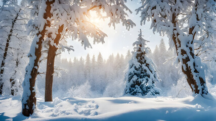 Snow-Covered Christmas Tree in Winter Forest with Copy Space: Blue Winter Snowy Landscape with Snowflakes - Generated by AI.