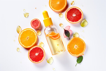 Natural vitamin c serum, skincare, essential oil products. Bottle of vitamin C serum with fresh juicy orange fruit. Beauty product branding mock-up. - obrazy, fototapety, plakaty