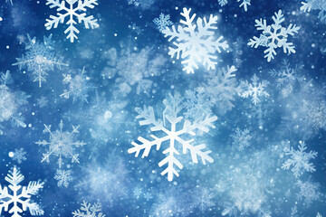 Christmas background decoration illustration with snowflakes reflecting glittering night light against blue screen.