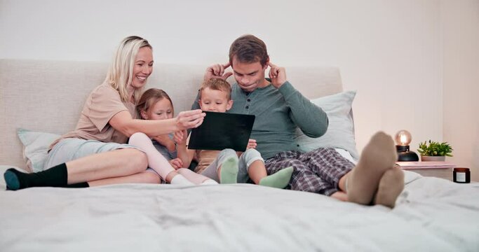 Parents, kids and tablet on bed for selfie, social media and update profile picture online at home. Mom, dad and happy family of children relax for funny digital photography, memory or smile together