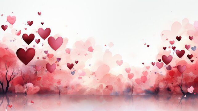 Festive banner with hearts on a pink background in watercolor style. Valentine's Day. Copy space