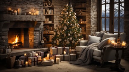 decorated room to receive Christmas, little Christmas tree decorated with spheres, ribbons and lights, fireplace with a lit bonfire - obrazy, fototapety, plakaty
