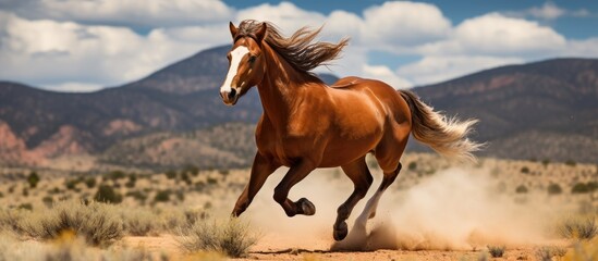 In the wild and picturesque landscape of Colorados Sand Wash Basin a stunning mustang horse roams freely embodying the untamed spirit of nature and the proud heritage of Americas equine wil - obrazy, fototapety, plakaty