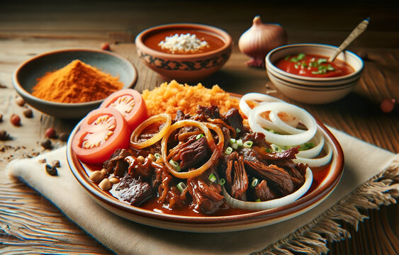 Mexican birria plate with its sauce on the side, portraying delicious street food. 