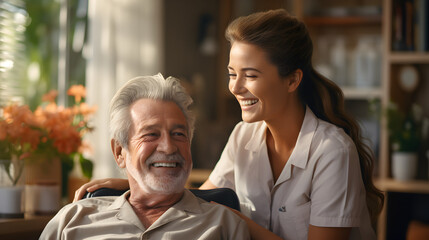 Happy nurse taking care of senior man sitting in armchair at home