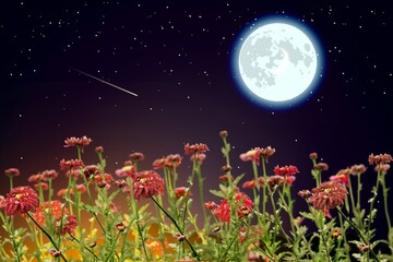 Full moon at meadow with beautiful wild flowers