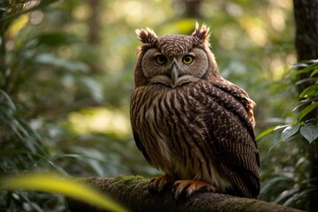 Fototapeta premium Immerse in nature's enchantment with a stealthy brown fish owl, spotted amidst lush jungle foliage under the soft morning light. Ultra-realistic imagery inspired by National Geographic's style
