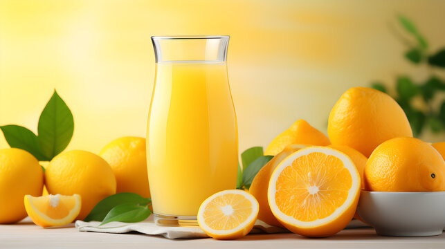 summer vitamin drinks citrus fruits and orange juice on pastel background, Minimal detox diet concept