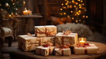 beautiful christmas gift with pretty and elegant wrapping paper with shiny bow for christmas