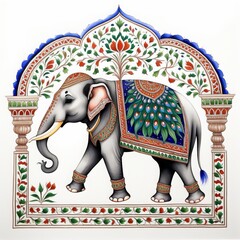 Mughal peacock elephant painting pattern on white background with AI Generative Technology
