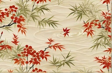 和風水紋笹の葉と赤い実壁紙素材