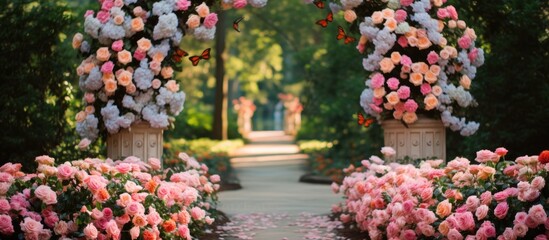 In the midst of a stunning garden a talented designer had created a picturesque wedding setting by seamlessly blending natures vibrant elements blooming flowers majestic trees lush spring gr - obrazy, fototapety, plakaty