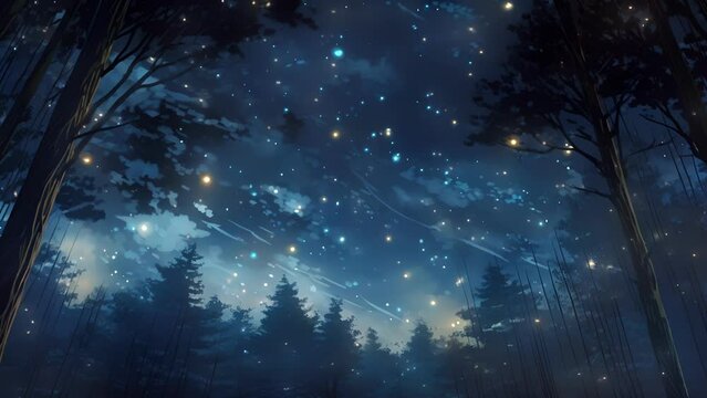 A calm, starry night sky is the backdrop for a peaceful forest, dotted with tall, majestic trees. The ling stars and soft glow of fireflies provide a tranquil and enchanting scene.