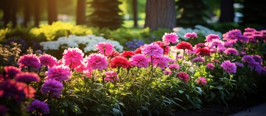 summer garden amidst the vibrant green foliage a colorful array of flowers bloom showcasing the natural beauty of the season in closeup The pink hues bright and captivating bring a burst of