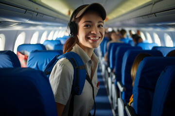 female backpacker traveler passenger Smiling on the plane in front of the passenger seat bokeh style background