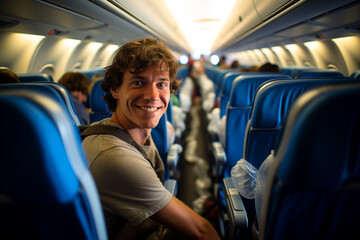 male backpacker traveler passenger Smiling on the plane in front of the passenger seat bokeh style background