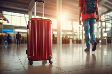 A red suitcase at the airport terminal bokeh style background