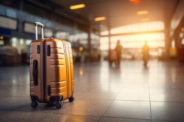 A yellow suitcase at the airport terminal bokeh style background