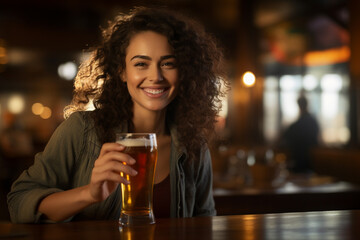 happy women holding a beer on the bar counter bokeh style background - Powered by Adobe