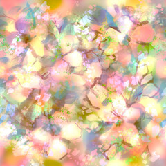 Lush spring bloom Pastel pink yellow blue purple layered flowers Abstract blur painted background