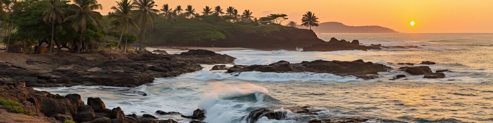 panorama sunset over  rocky shoreline 