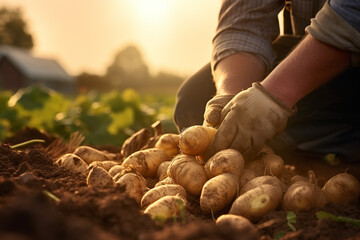 farmer hands harvesting  potatoes at potato field bokeh style background - obrazy, fototapety, plakaty