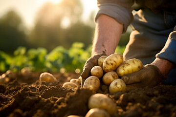 farmer hands harvesting  potatoes at potato field bokeh style background - obrazy, fototapety, plakaty