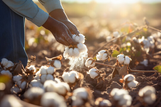 farmer hands harvesting cotton tree at cotton field bokeh style background