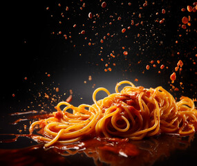 Spaghetti covered in sauce.