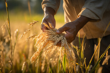 farmer hands harvesting rices tree at rice farm bokeh style background