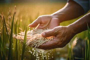farmer hands harvesting rices tree at rice farm bokeh style background