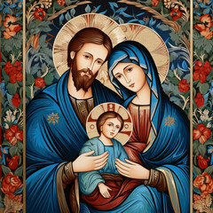 The holy family depicted with Jesus, showcasing iconographic motifs and lively brushwork.