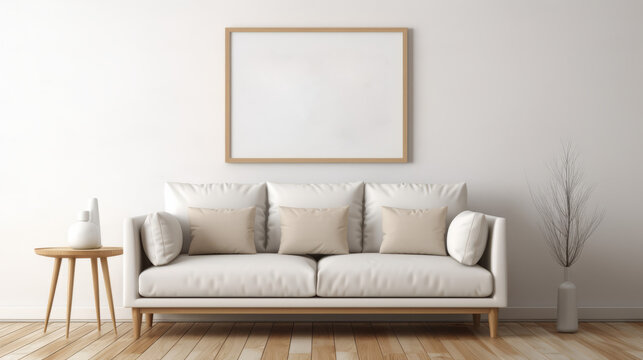 A white picture frame with a gray border in a modern living room with a gray sofa, wooden coffee table, and plants.
