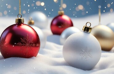 Fototapeta premium 3D rendering of christmas baubles in white snow background