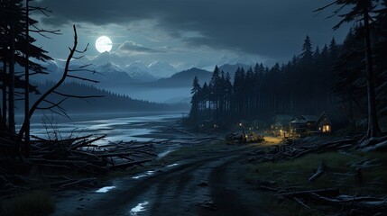 night landscape with moon ocean and forest