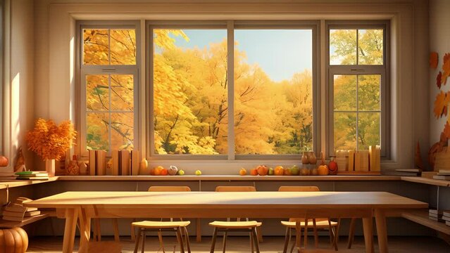 An autumnal classroom setting with warm, earthy tones, where a window reveals a breathtaking view of colorful falling leaves. The soft, filtered light lends a cozy and nostalgic ambiance
