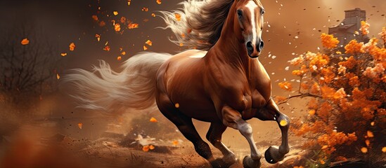 In the lush beauty of summer amidst vibrant nature and blossoming spring a majestic stallion with his chestnut and bay hued portrait embodied freedom and grace as he galloped with his equest - obrazy, fototapety, plakaty