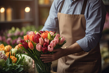 Fototapeta premium Man preparing bouquet of tulips in the store