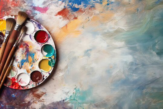Palette with paint and paintbrushes, copy space