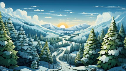 Illustration of a snowy coniferous forest overlooking the mountains. Winter greeting card,
