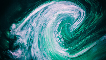 Smoke swirl background. Ocean storm. Green white liquid ink blend vortex dynamic sea water wave abstract fantasy whirlpool illusion nature art. - obrazy, fototapety, plakaty