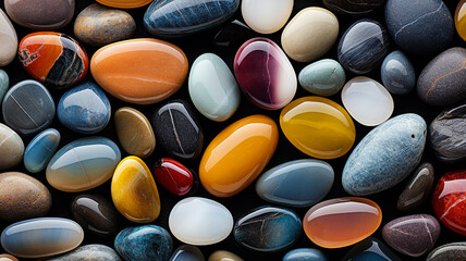background multicolored sea polished stones, rolled pebbles on the seashore texture gems