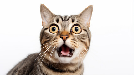 Obraz premium a frightened cat, an emotional portrait of fear isolated on a white background, a cat with big eyes is afraid