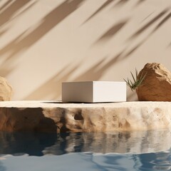 Empty natural stone podium for product display on a rocky background with clear water