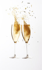 Glasses of champagne on white background with bokeh effect and copy space