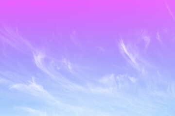 Blue pink and purple pastel sky with white fluffy cloud. Summer tropical season holiday sky. Sunny day background. Copy space.